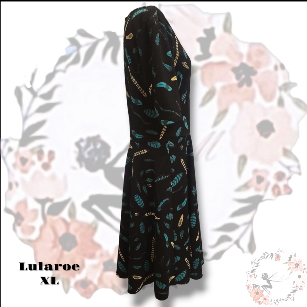 LuLaRoe Black Dress with Turquoise and Gold Feather Pattern. Fit Flare XL - Picture 3 of 5